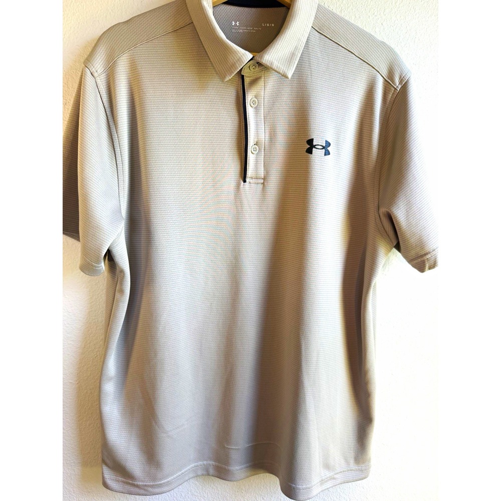 Under Armour Men's Gray Polo Shirt Large Loose Fit Short Sleeve Polyester Logo